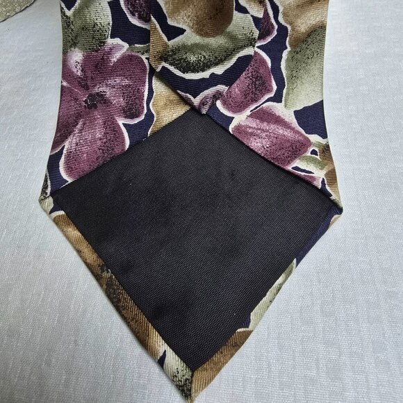 VINTAGE OSCAR DE LA RENTA MENS TIE HIBISCUS FLORAL PURPLE TAN GREEN EUC - Picture 4 of 6